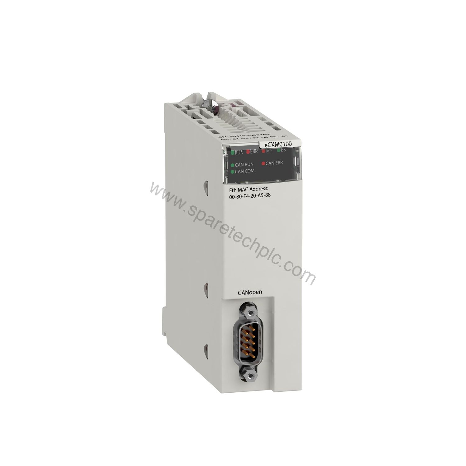 Figure 2: Technical layout and connection details for the Schneider Electric BMECXM0100H CANopen communication module.