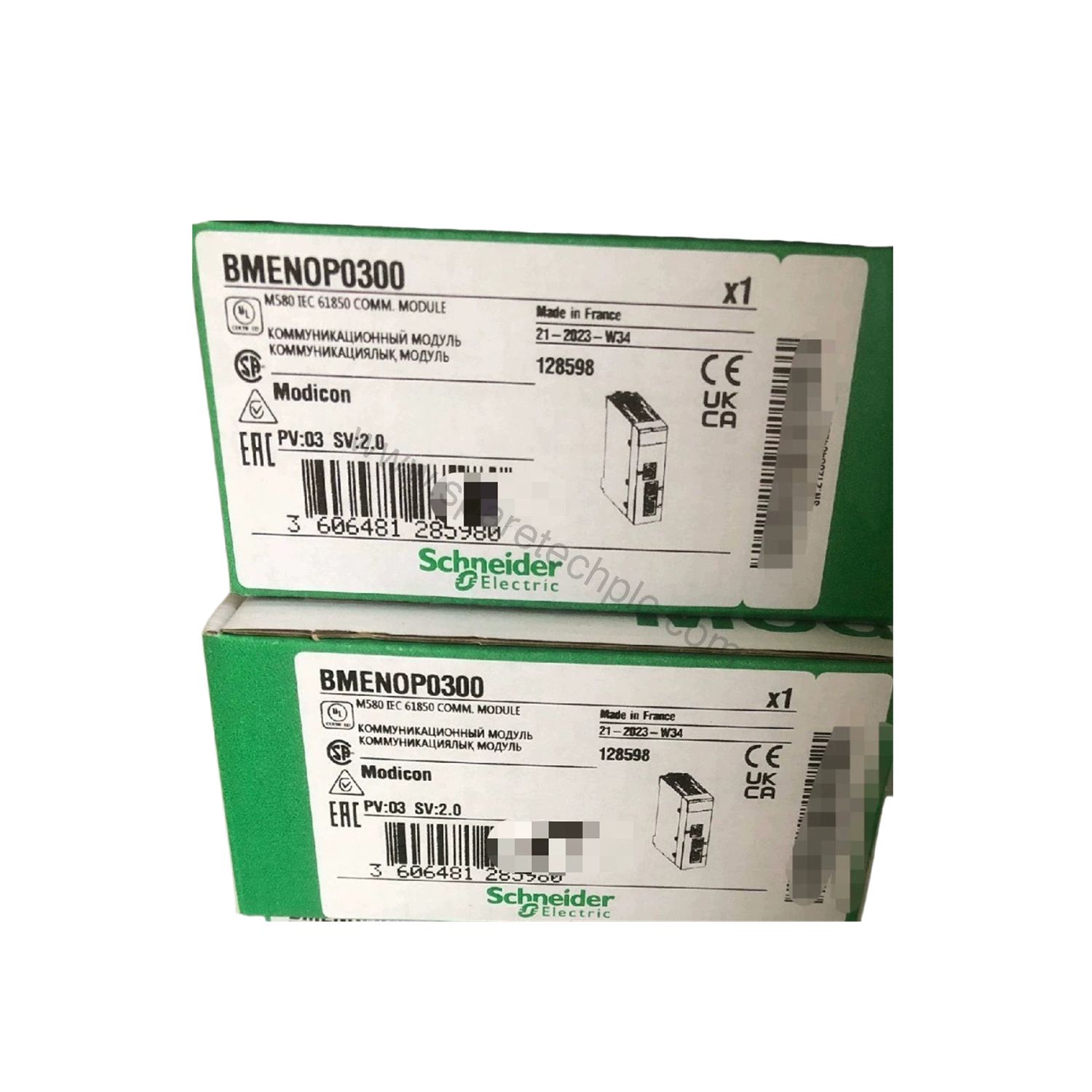 Figure 1: Front view of the Schneider Electric BMENOP0300C Communication module showing its physical design and enclosure.